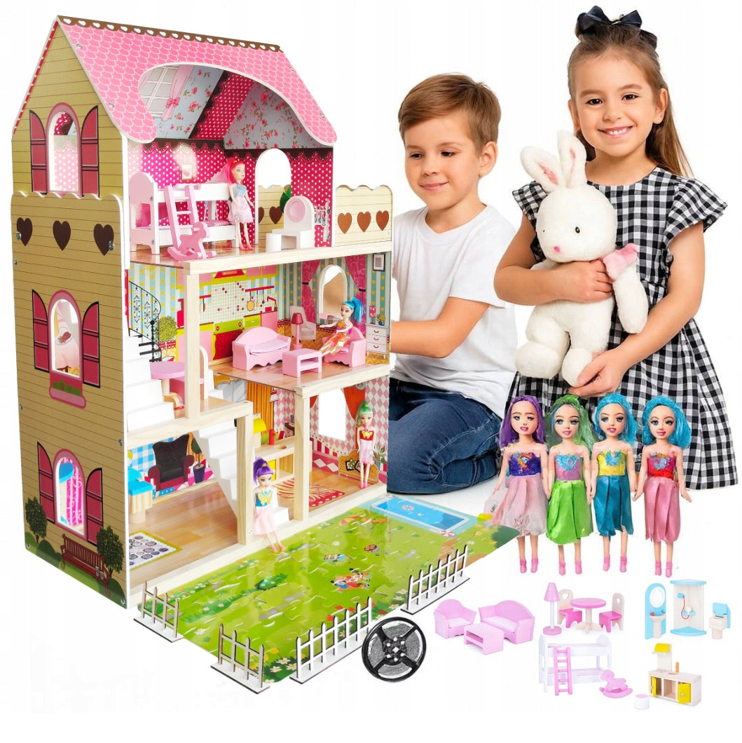 LARGE WOODEN DOLLHOUSE FURNITURE + DOLLS + LED