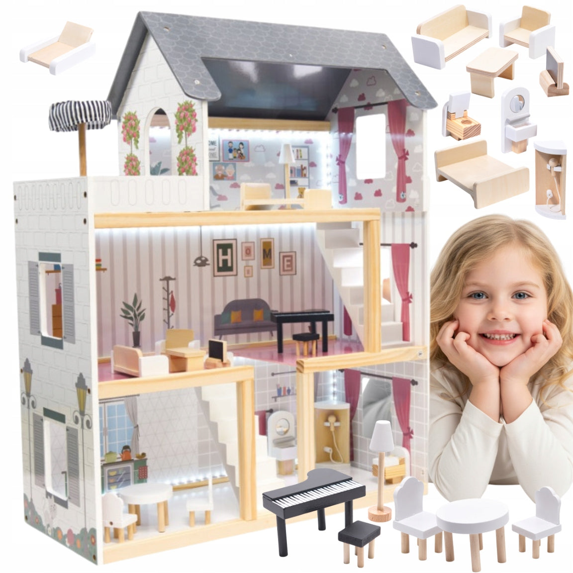 LARGE WOODEN DOLLHOUSE LIGHT LED FURNITURE ACCESSORIES 78CM WHITE