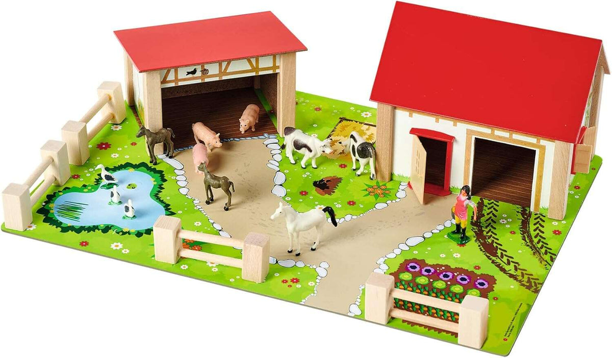 LARGE WOODEN FARM + ANIMAL FIGURINES PIG HORSES STABLE 25 EL. Packaging status original