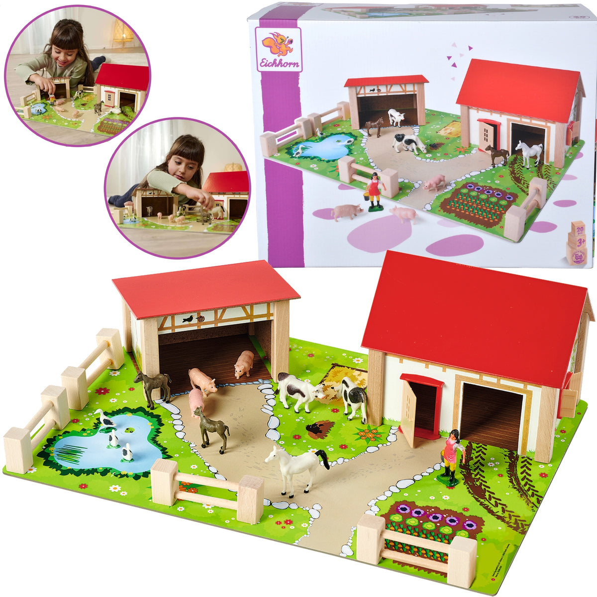 LARGE WOODEN FARM + ANIMAL FIGURINES PIG HORSES STABLE 25 EL.