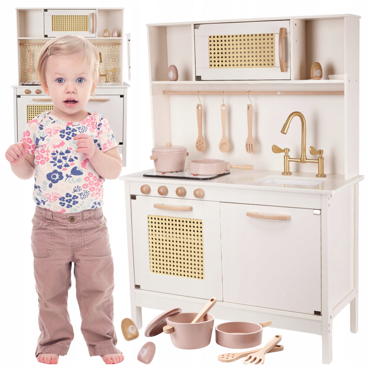 LARGE WOODEN KITCHEN FOR CHILDREN GIRLS WITH ACCESSORIES HOB