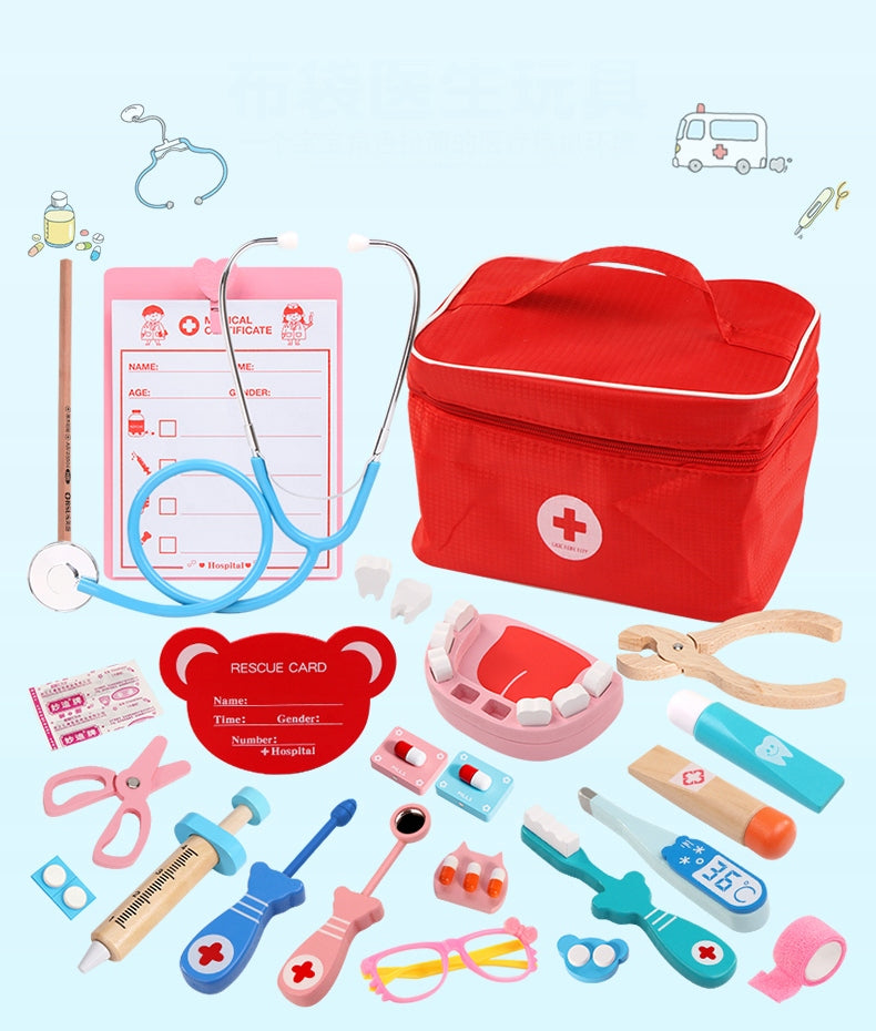 LARGE WOODEN SET OF LITTLE DOCTOR FIRST AID KIT FOR CHILDREN + Stickers Packaging status original