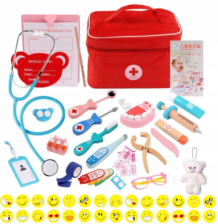 LARGE WOODEN SET OF LITTLE DOCTOR FIRST AID KIT FOR CHILDREN + Stickers
