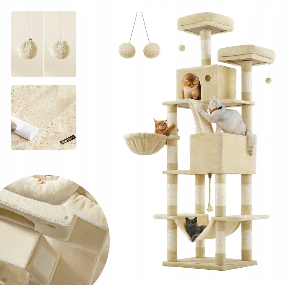 LARGE XXL cat scratcher HIGH tower house hammock 206cm multi-level BEIGE