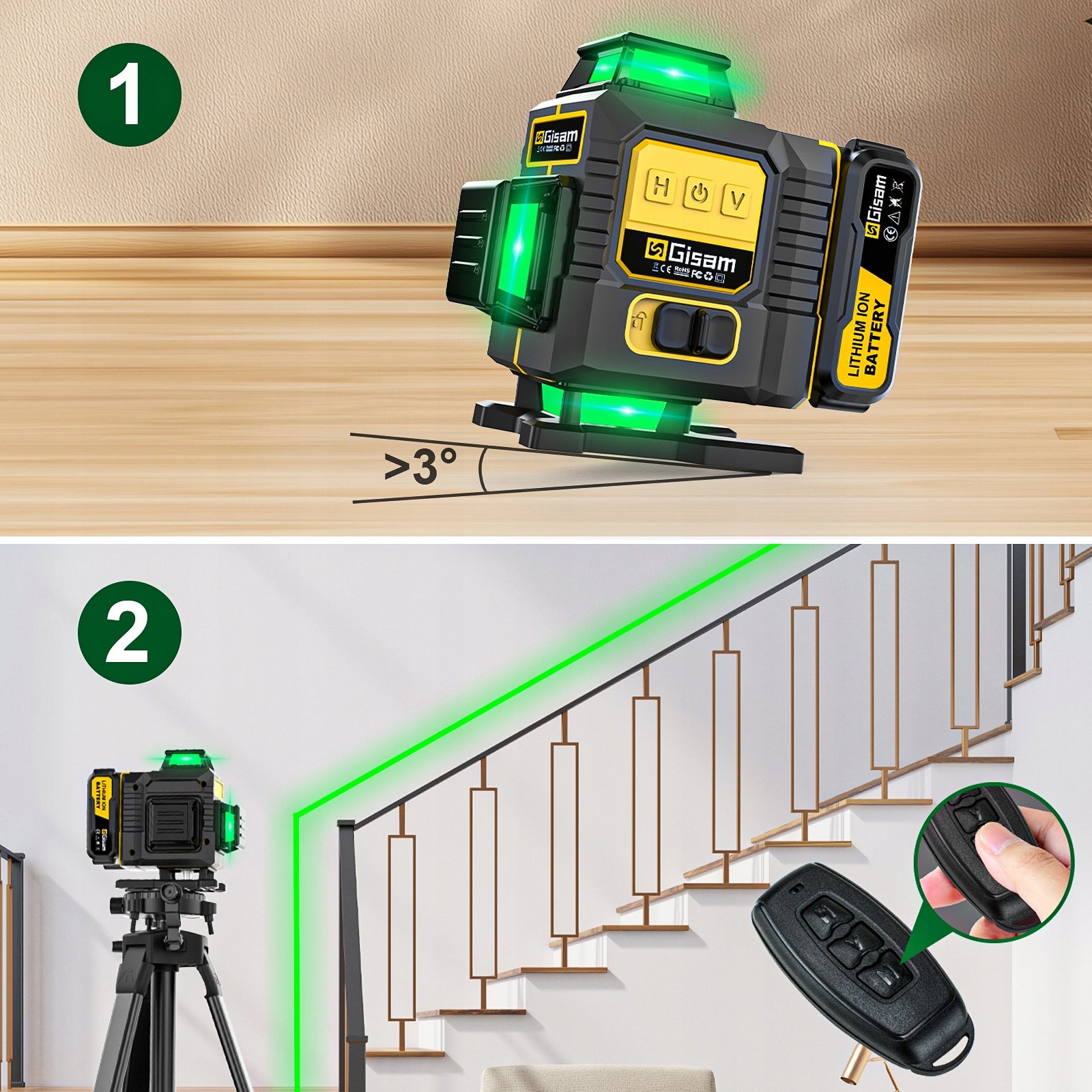 LASER LEVEL CROSS LASER 4D 16 LINE GREEN 2x AKU + TRIPOD Brand Gisam