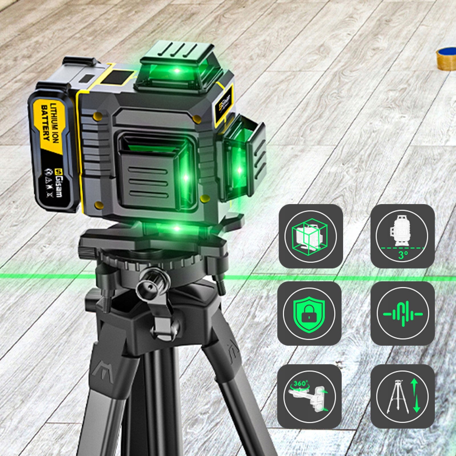 LASER LEVEL CROSS LASER 4D 16 LINE GREEN 2x AKU + TRIPOD Power supply rechargeable battery