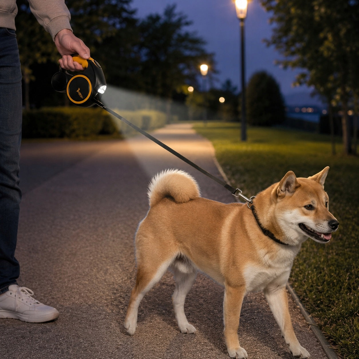 LEASH WITH DOG FLASHLIGHT AUTOMATIC 5M TAPE POUCH CONTAINER LOCK Packaging status original