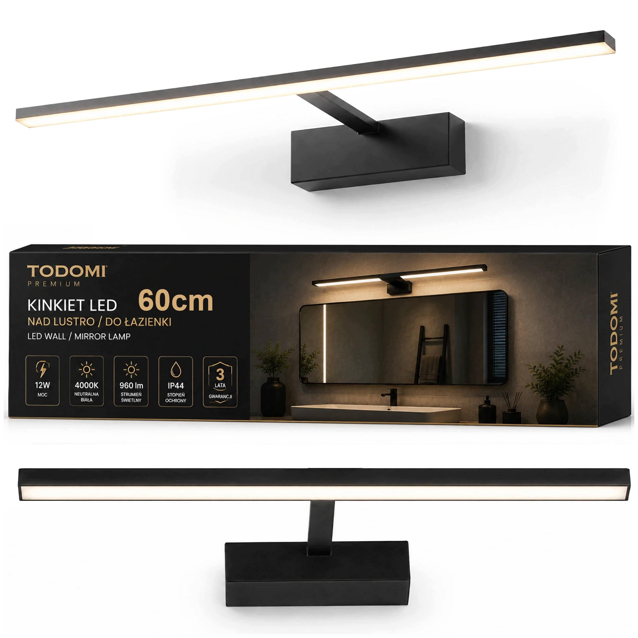 LED Bathroom Wall Lamp Over Mirror 60cm 4000K Black Wall Lamp Neutral