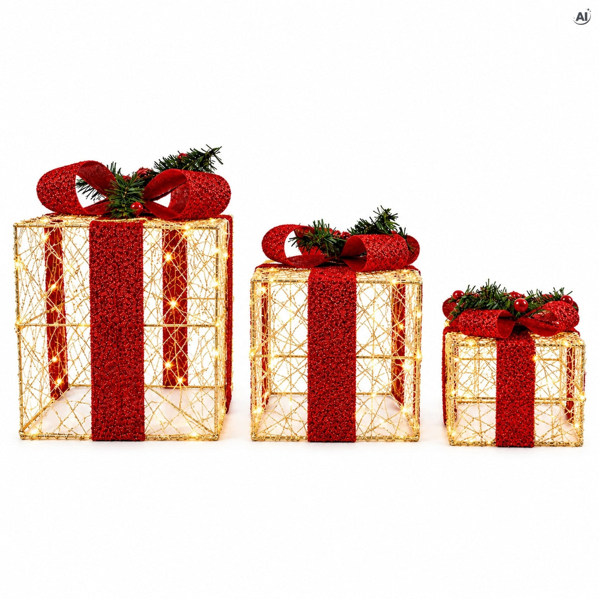 LED CHRISTMAS GIFTS 3 PACK ILLUMINATED BOXES CHRISTMAS TREE DECORATION Brand Allbag