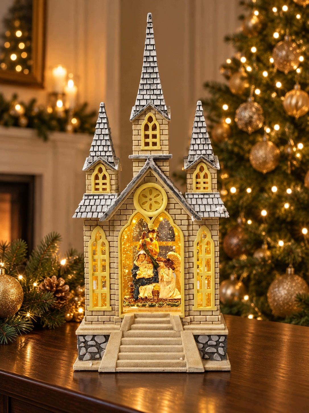 LED CHURCH WITH NATIVITY SCENE 45 CM – SWIRLING SNOW AND CHRISTMAS MUSIC