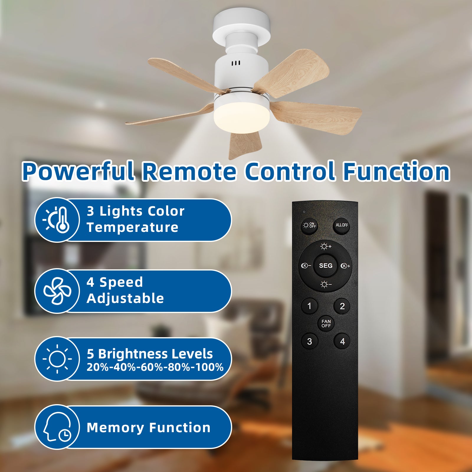 LED Ceiling Fan with Remote Control Lamp 2in1 Quiet for Kitchen Bedroom White Fan type ceiling