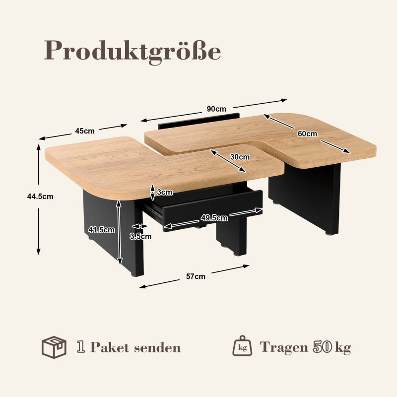 LED Coffee Table, Wood, 2in1, 2 Drawers, Natural Packaging status original