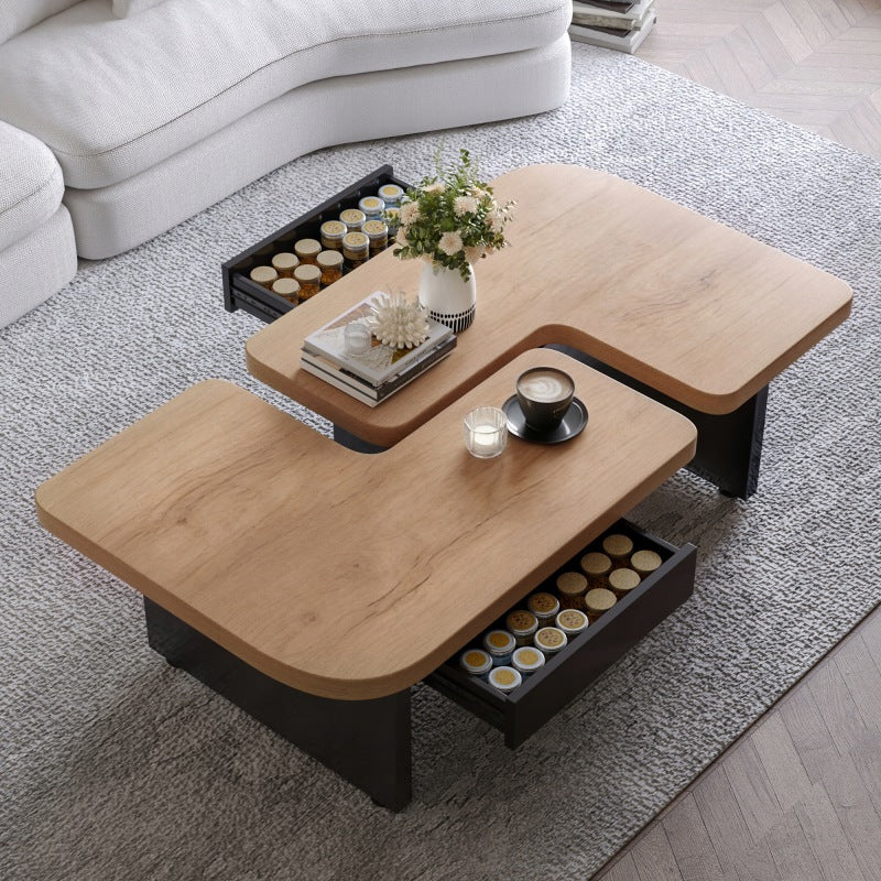 LED Coffee Table, Wood, 2in1, 2 Drawers, Natural