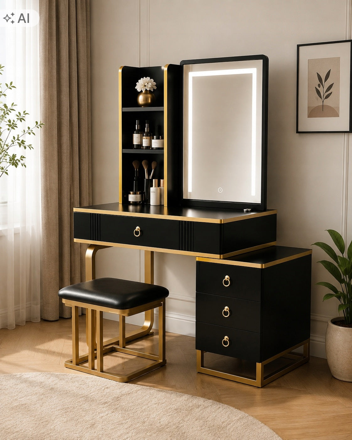 LED Cosmetic Mirror Dressing Table with Cabinet Lighting Stool Black-Z