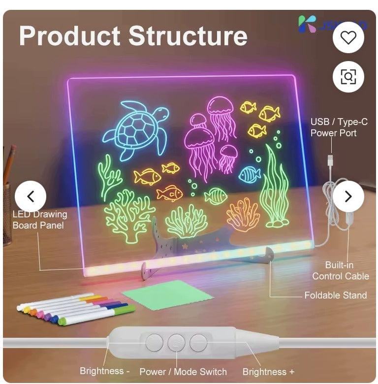 LED DRAWING BOARD FOR CHILDREN NEON USB-C PENS Packaging status original