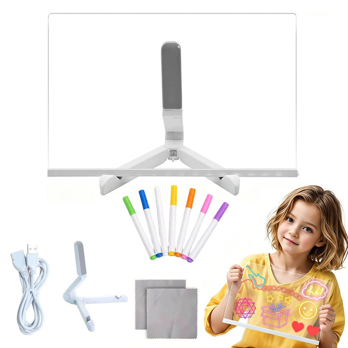 LED Drawing Acrylic Board for Kids with Illuminated Pens Durable