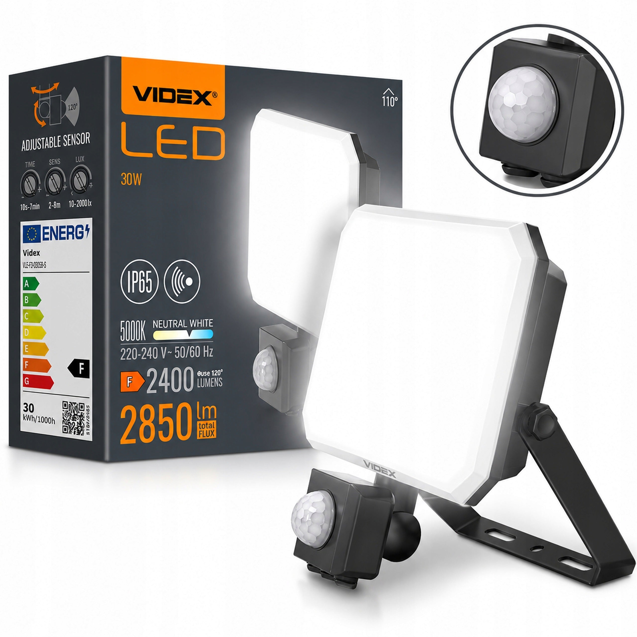 LED Floodlight With Motion Sensor Halogen Headlight Lamp 30W 2850lm 5000K
