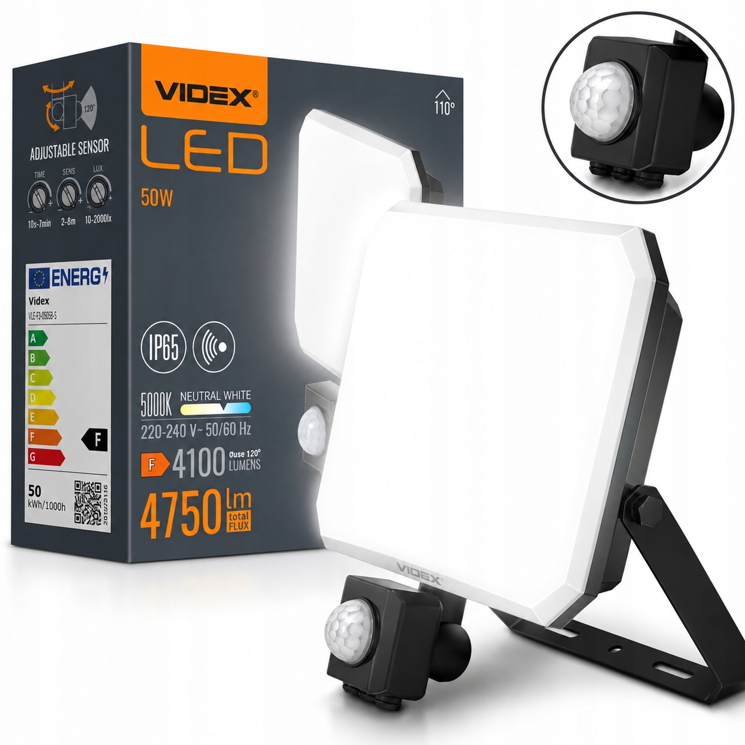 LED Floodlight With Motion Sensor Halogen Headlight Lamp 50W 4750lm 5000K