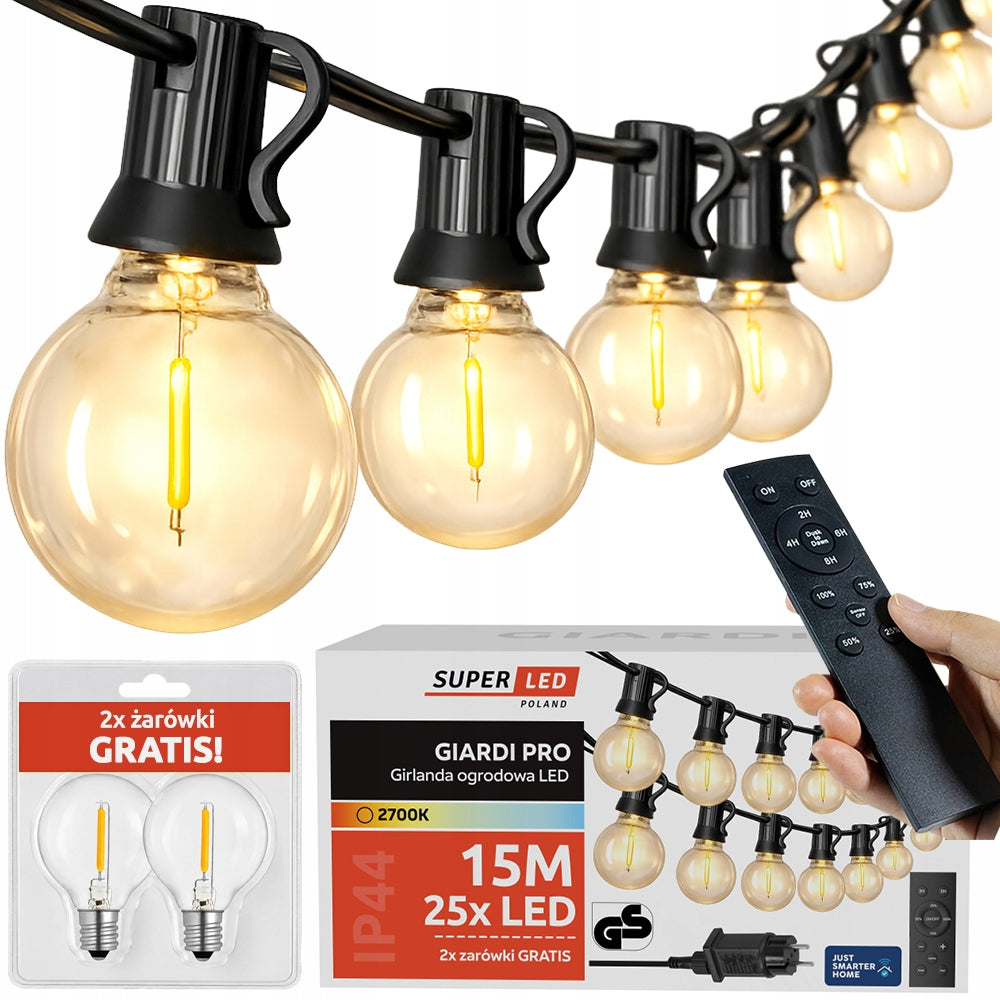 LED Garden Garland Outdoor Chain 15m + 25x G40 Bulb + 2x freebie