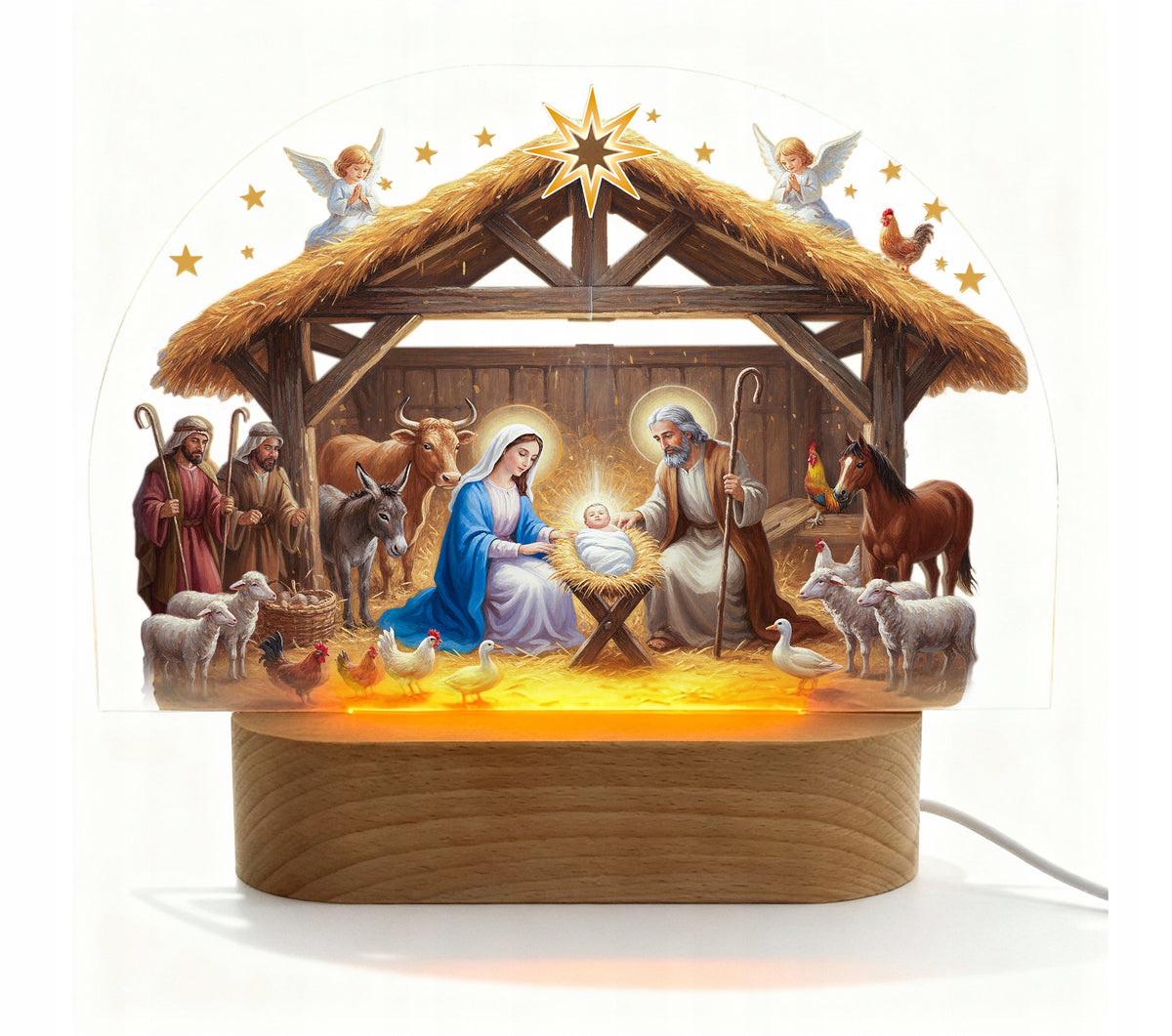 LED Light Christmas Nativity Scene – Wooden, glass with USB 21,5x17 cm