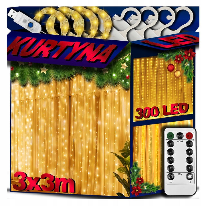 LED Light Curtain Garland 300 Christmas Tree Window Lights 3x3 WARM