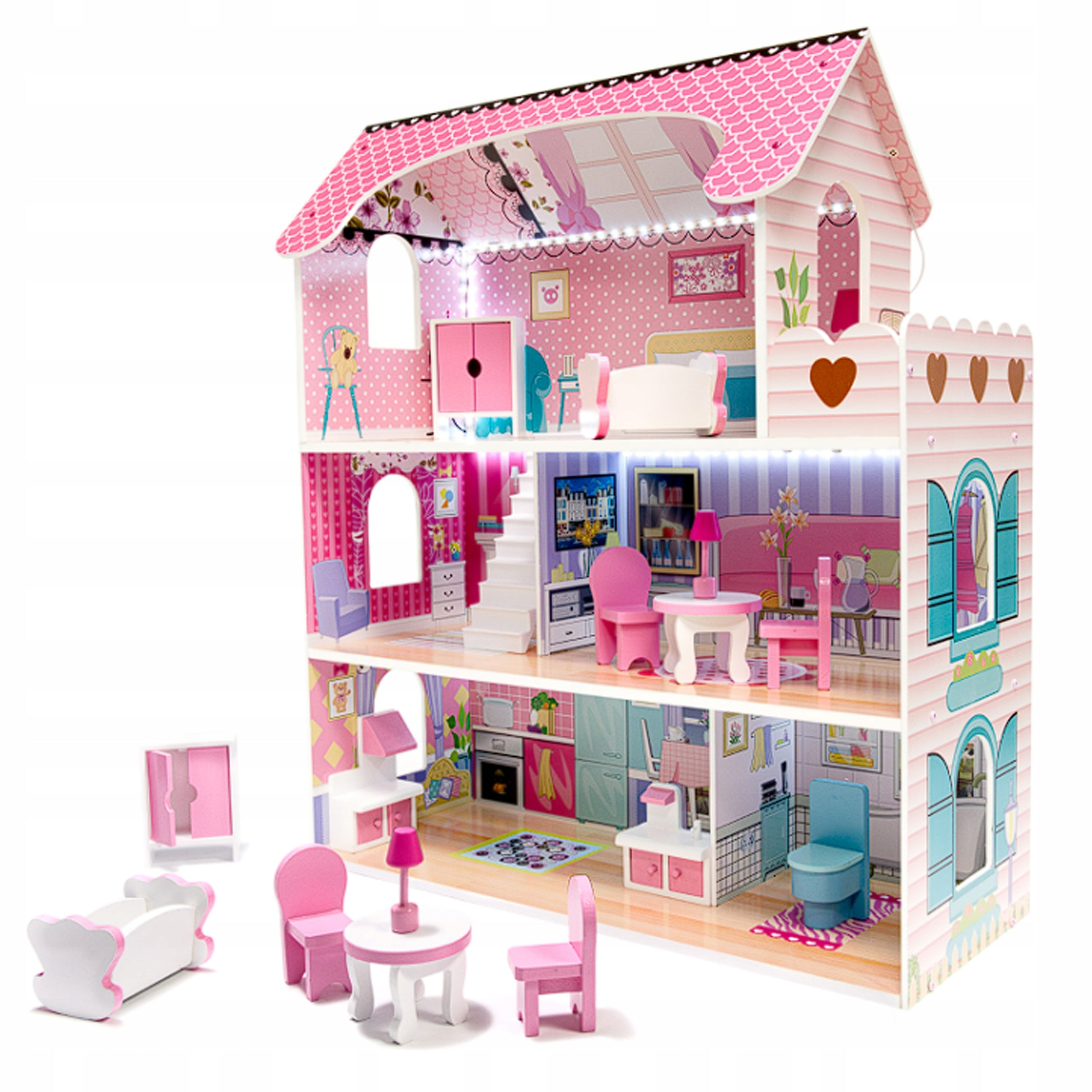 LED WOODEN DOLLHOUSE + Accessories 3 Levels LARGE Pink + FURNITURE