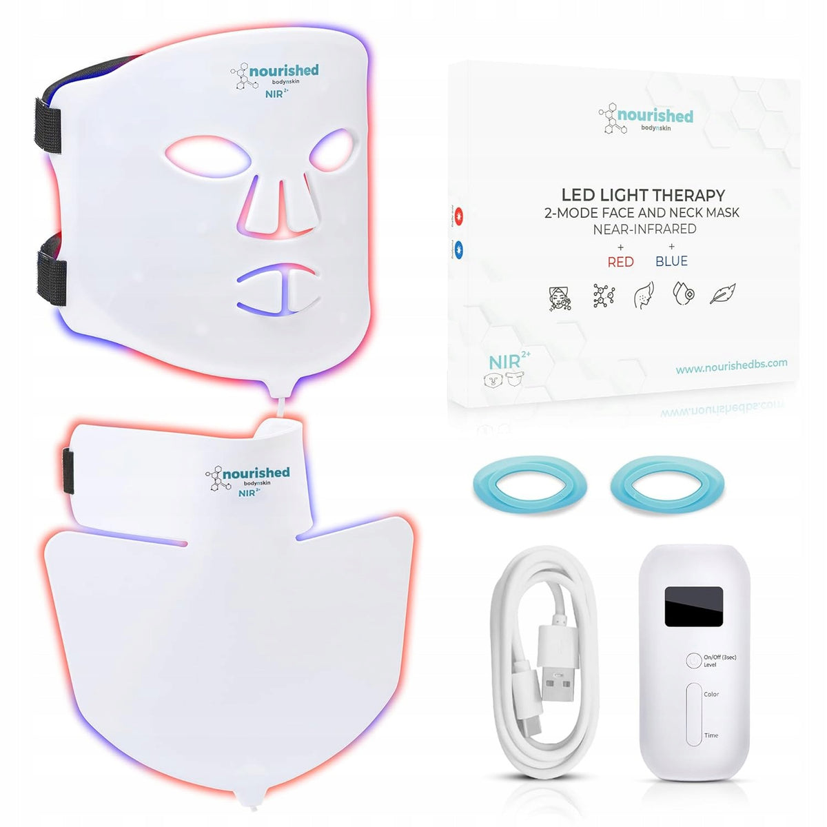 LED face and neck mask light therapy red blue anti-aging
