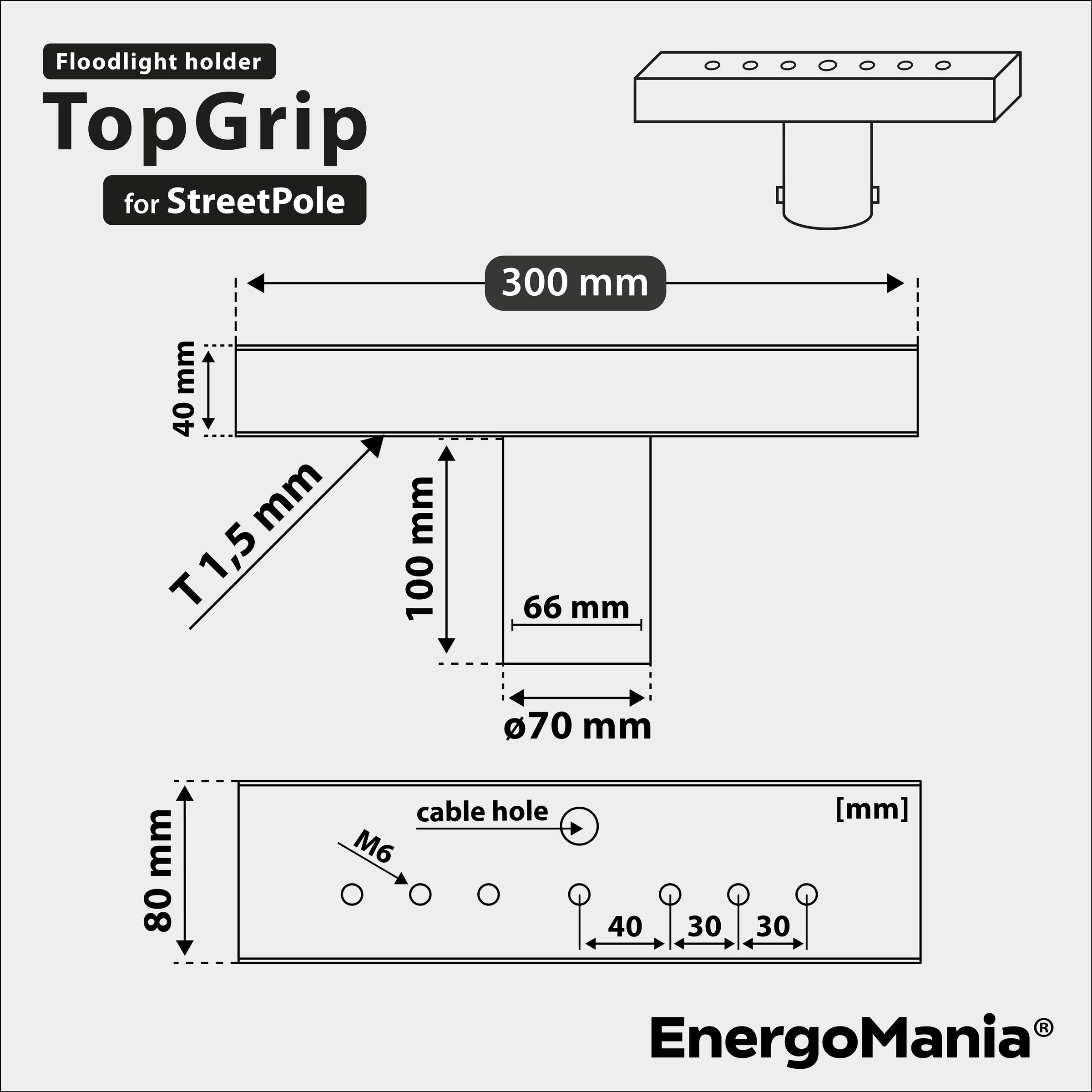 LED floodlight mounting bracket TopGrip mount T pole mast black Collection StreetPole