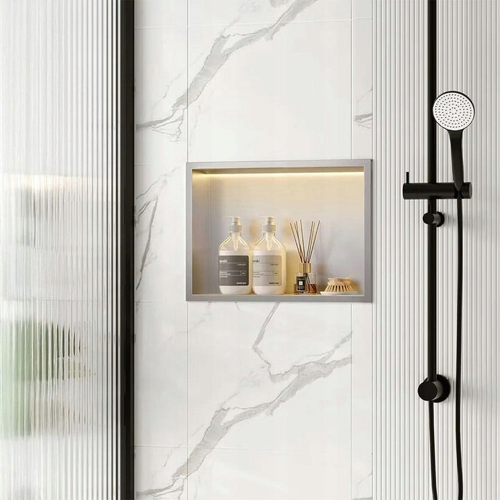LED recessed shelf 30x45 chrome bathroom flush mount with flange Rea Brand Rea