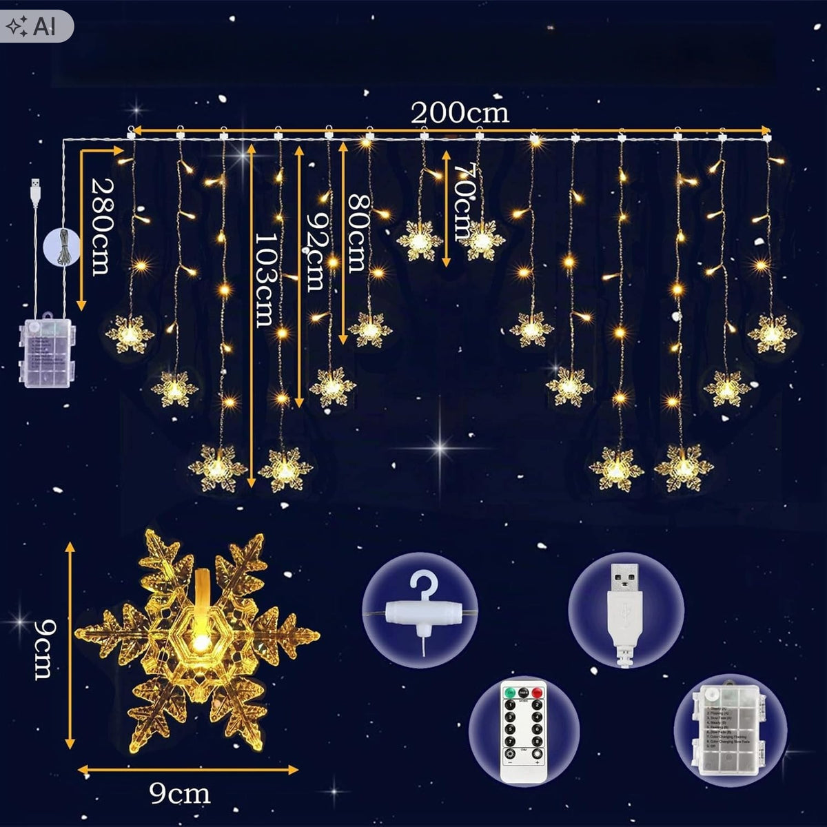 LED snowflake light curtain 2x1m with timer for window warm white Manufacturer code śnieżynki, kurtyna świetlna, dekoracja świąte