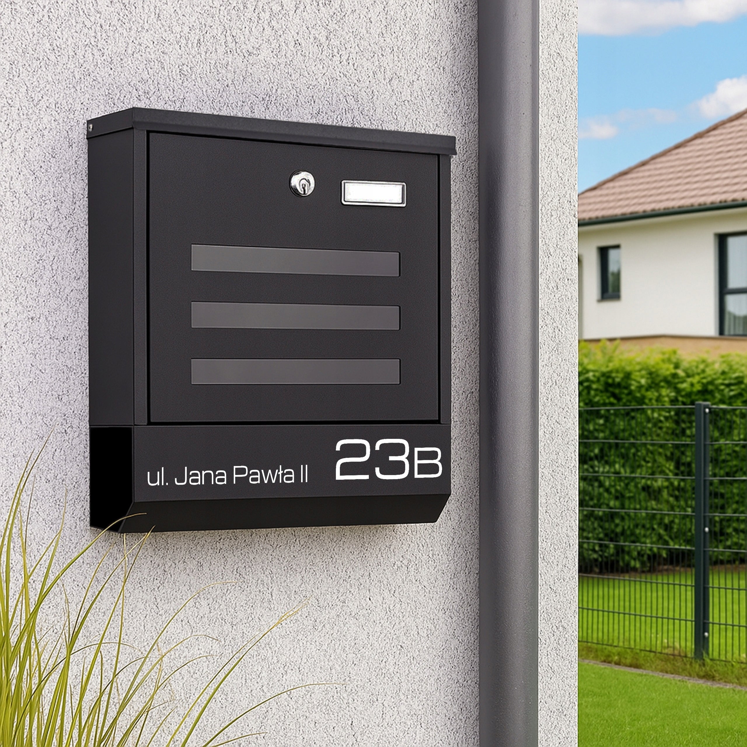 LETTERBOX WITH ADDRESS HOUSE NUMBER PRINT UV PRINT BLACK Product height 33 cm