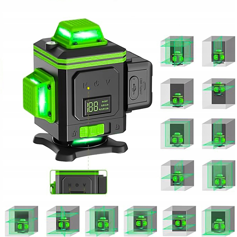 LEVEL LASER PLANE CROSS LASER 4D 360 2 x AKU 16 L GREEN Model LASER KRZYŻOWY 2 x AKU WYŚWIETLACZ LCD ZESTAW