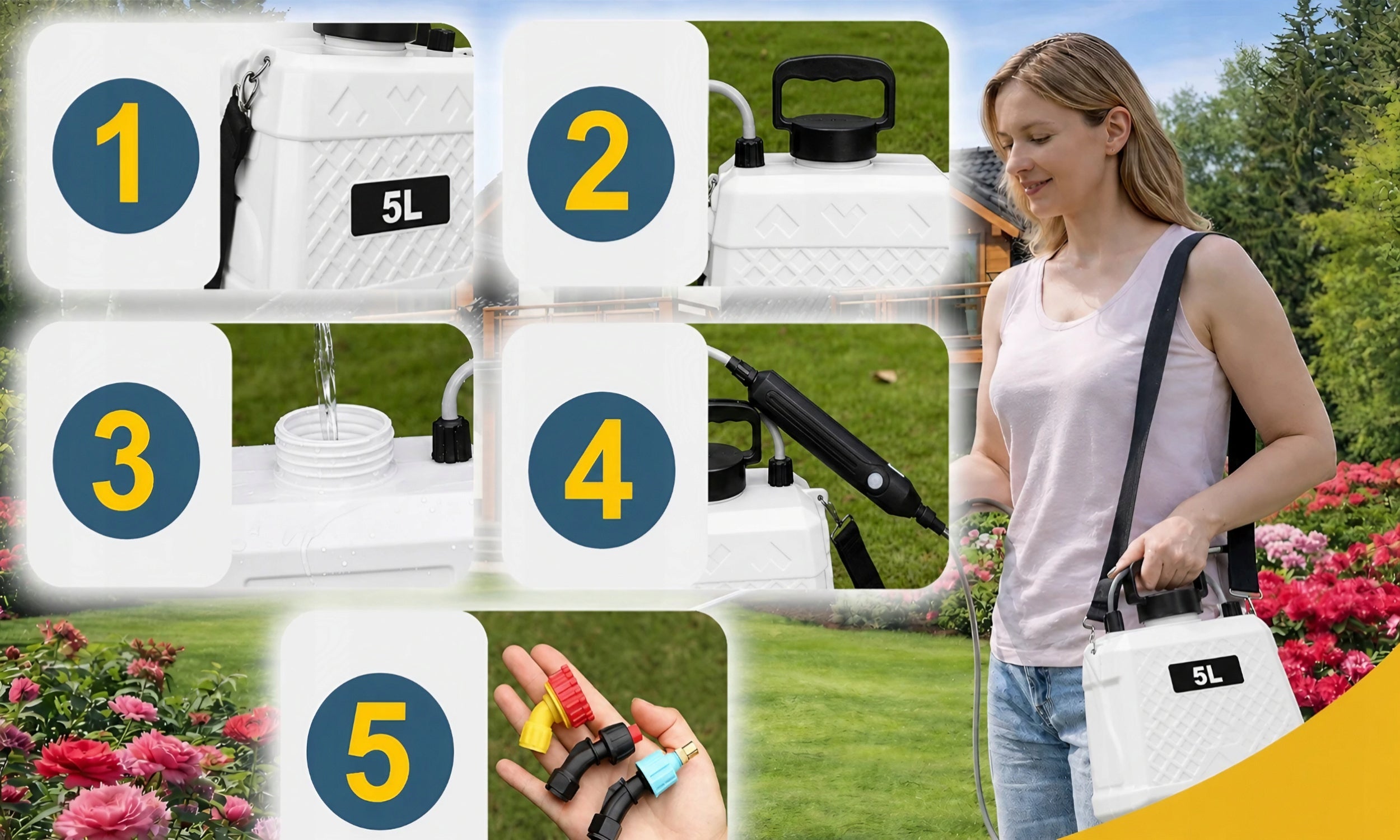 LIGHT CORDLESS GARDEN SPRAYER 5L USB-C SHOULDER + 3 NOZZLES Maximum pressure 1.5 bar