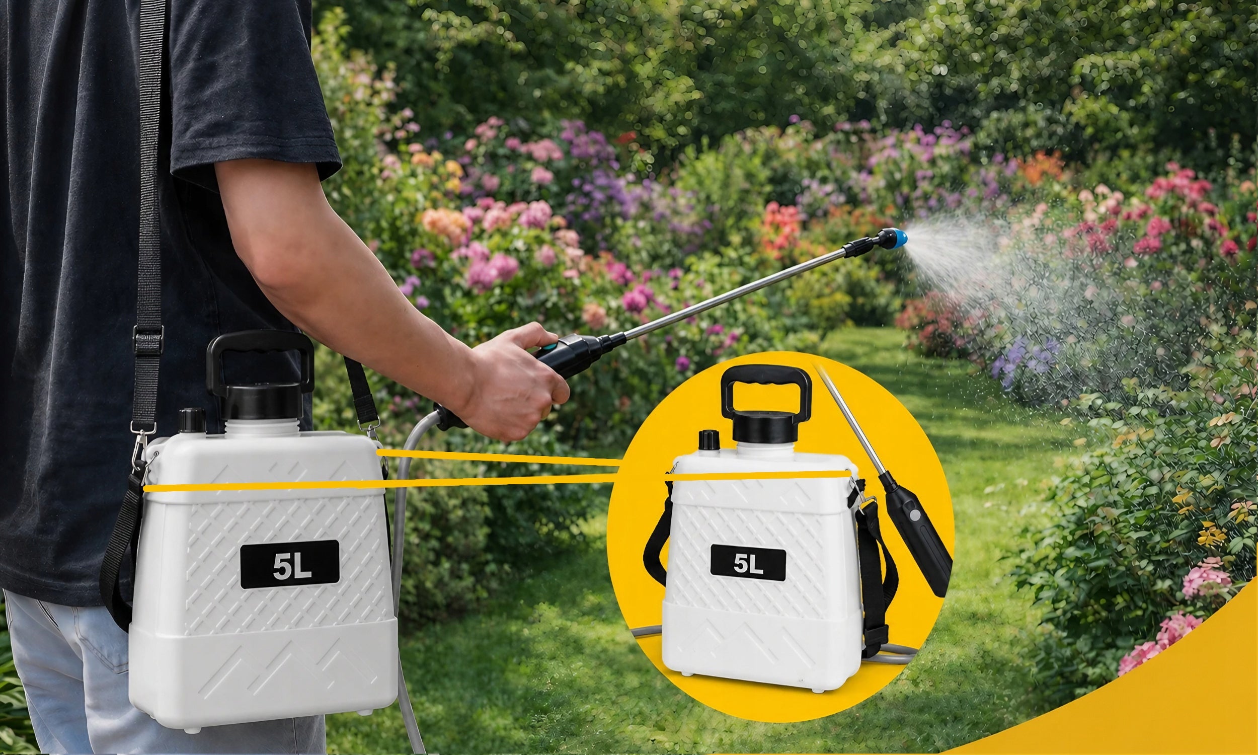 LIGHT CORDLESS GARDEN SPRAYER 5L USB-C SHOULDER + 3 NOZZLES Power supply rechargeable battery