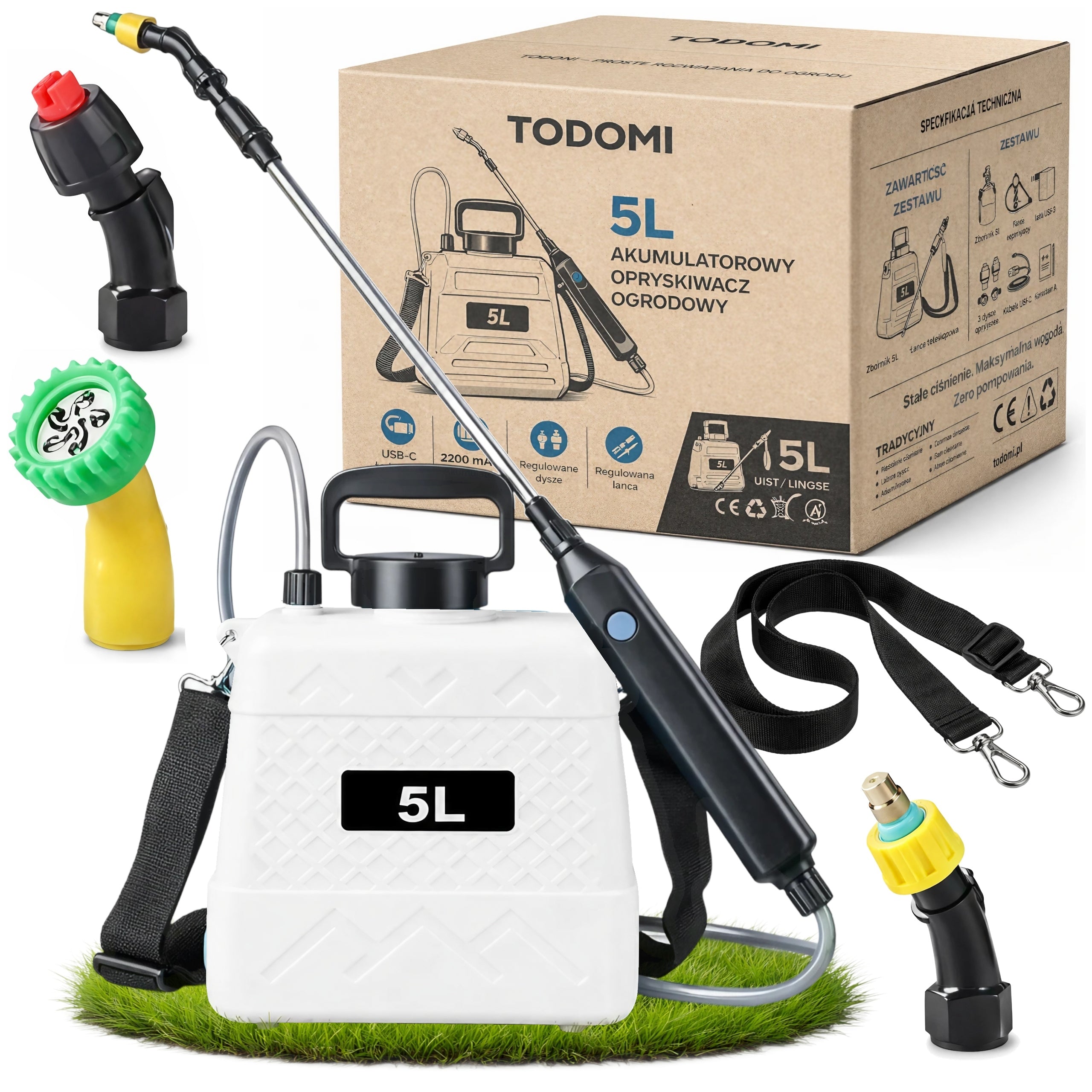 LIGHT CORDLESS GARDEN SPRAYER 5L USB-C SHOULDER + 3 NOZZLES