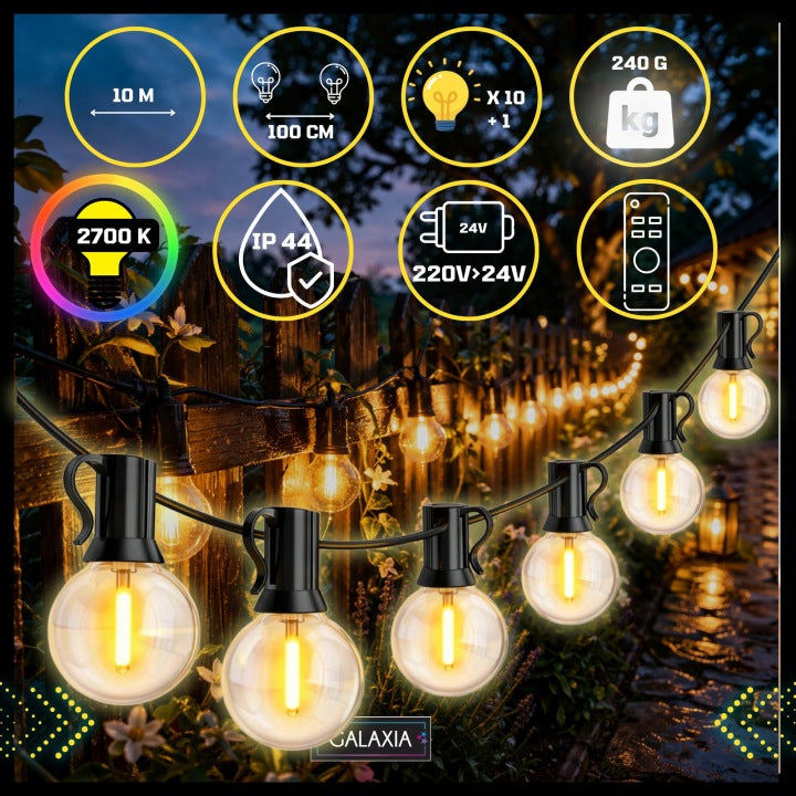 LIGHT GARLAND 10m WITH REMOTE CONTROL GARDEN 10 LED Garden Lights 230v Manufacturer code Girlanda ogrdowa świetlna 10m E12 LED PILOT