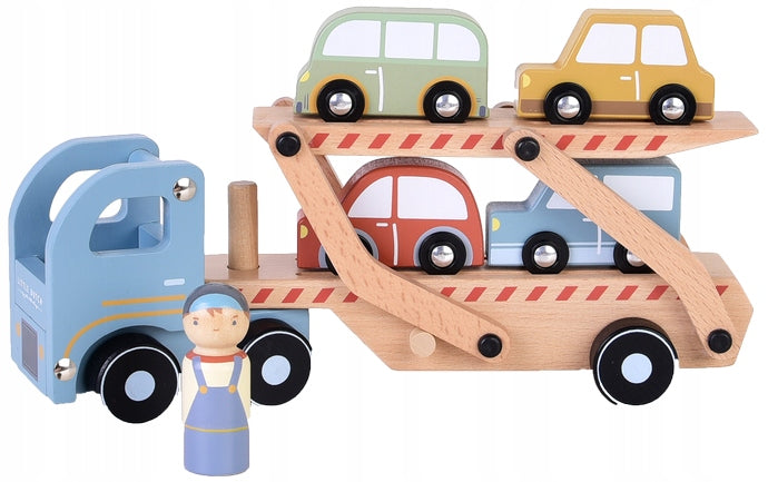 LITTLE DUTCH TWO-LEVEL WOODEN TOW TRUCK WITH SEMI-TRAILER + CAR + DRIVER Packaging status original