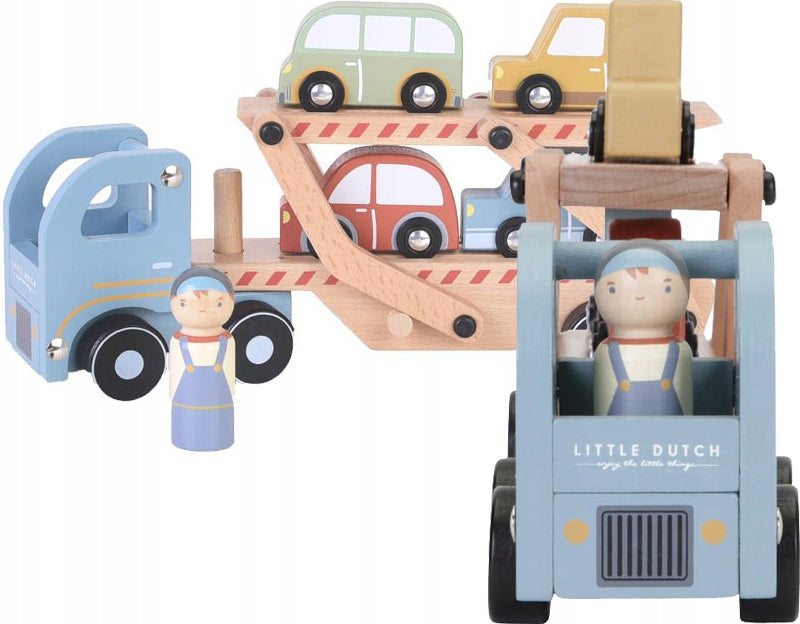 LITTLE DUTCH TWO-LEVEL WOODEN TOW TRUCK WITH SEMI-TRAILER + CAR + DRIVER