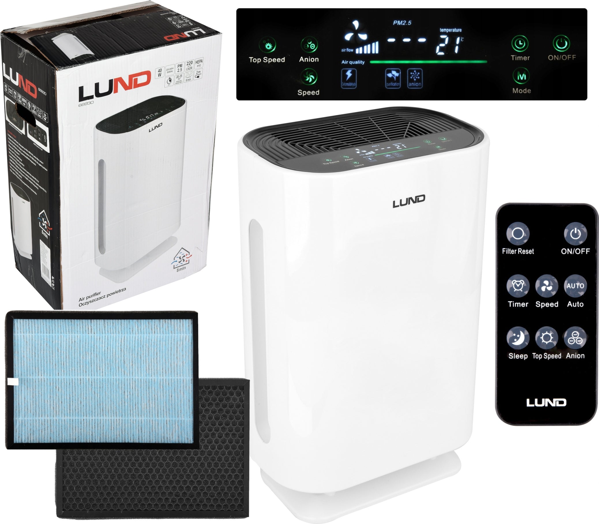 LUND AIR PURIFIER IONIZER 40W HEPA FILTER + REMOTE CONTROL 66930