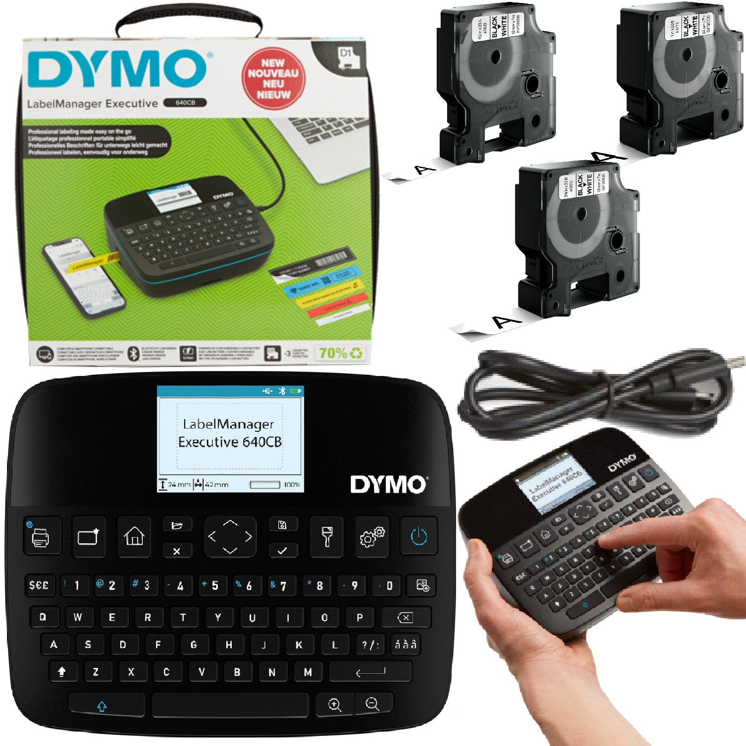 Label Printer DYMO LabelManager LM640CB + 3x Tape D1 9-24mm + Suitcase