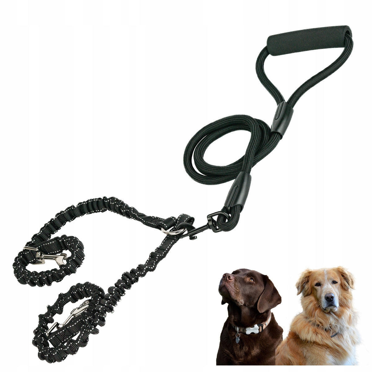 Lanyard + splitter with shock absorber and handle for two dogs cord 1,8 m