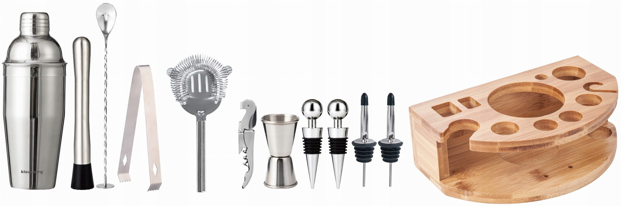 Large Bartending Set for Cocktail Drinks Bar 12-el Silver SHAKER + STAND Manufacturer Klausberg