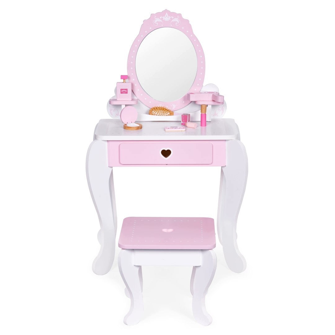 Large Children's Dressing Table with Mirror and Stool, 7 Wooden Accessories Packaging status original