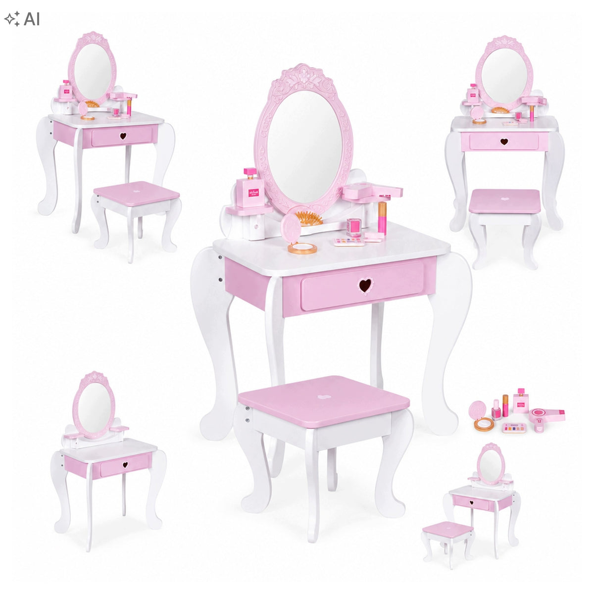 Large Children's Dressing Table with Mirror and Stool, 7 Wooden Accessories