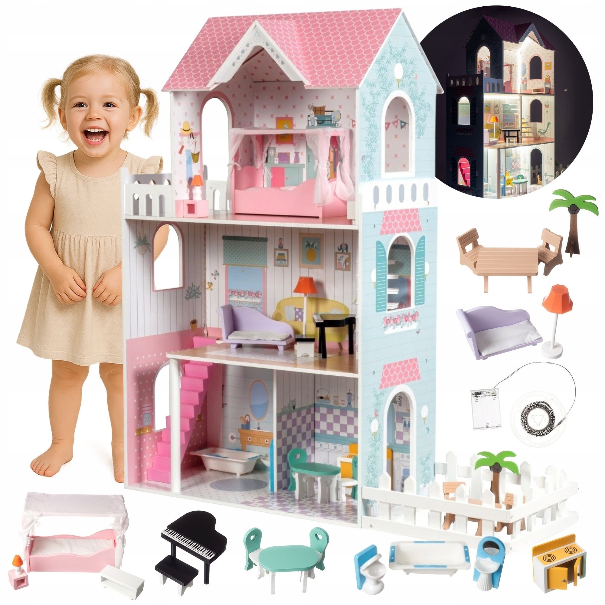 Large Dollhouse XXL Wooden Furniture For LED Lighting Set