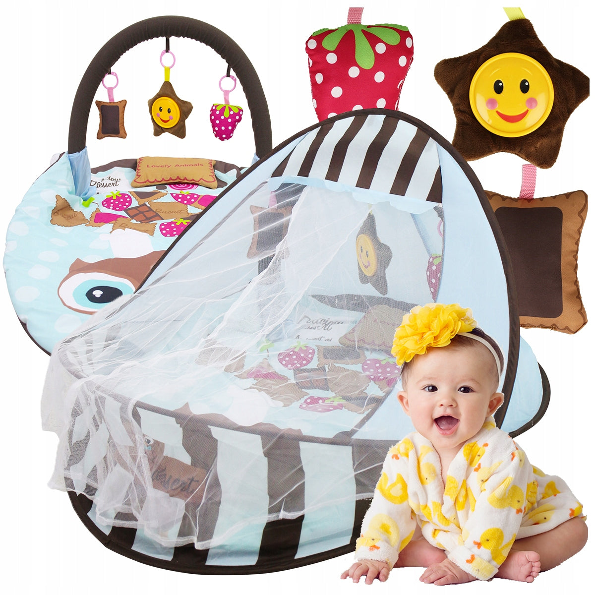 Large Educational Mat For Baby Owl Music Box POP-UP Tent with Mosquito Net