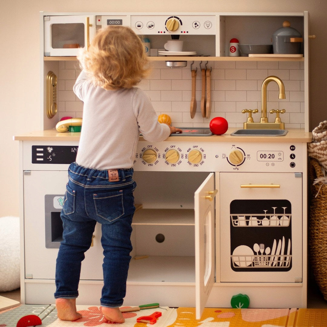 Large Interactive Educational Wooden Kitchen with LED Lighting 2 Levels Brand Mamabrum