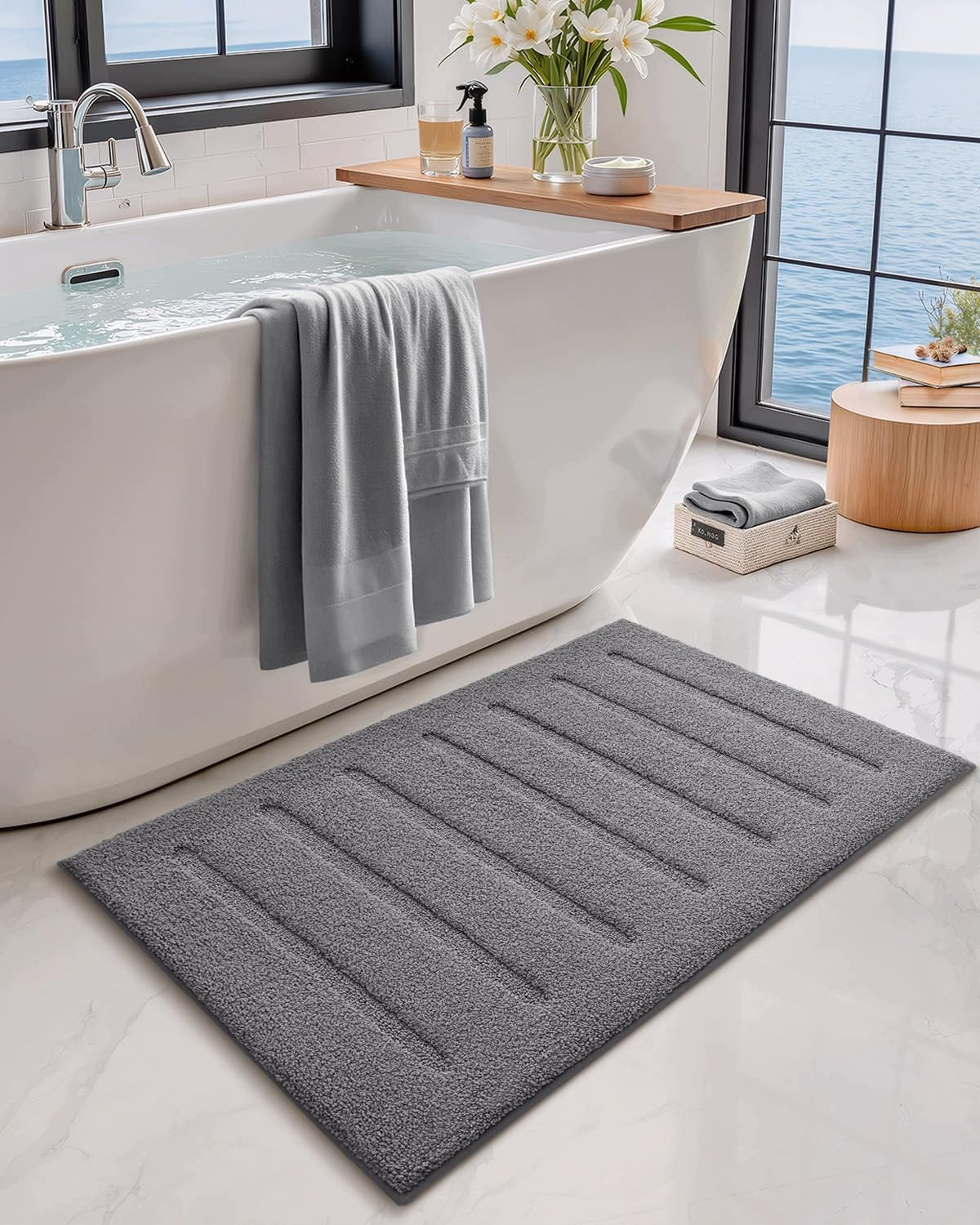Large Non-Slip Bathroom Mat Absorbent Soft Grey 61x110 cm Length 110 cm