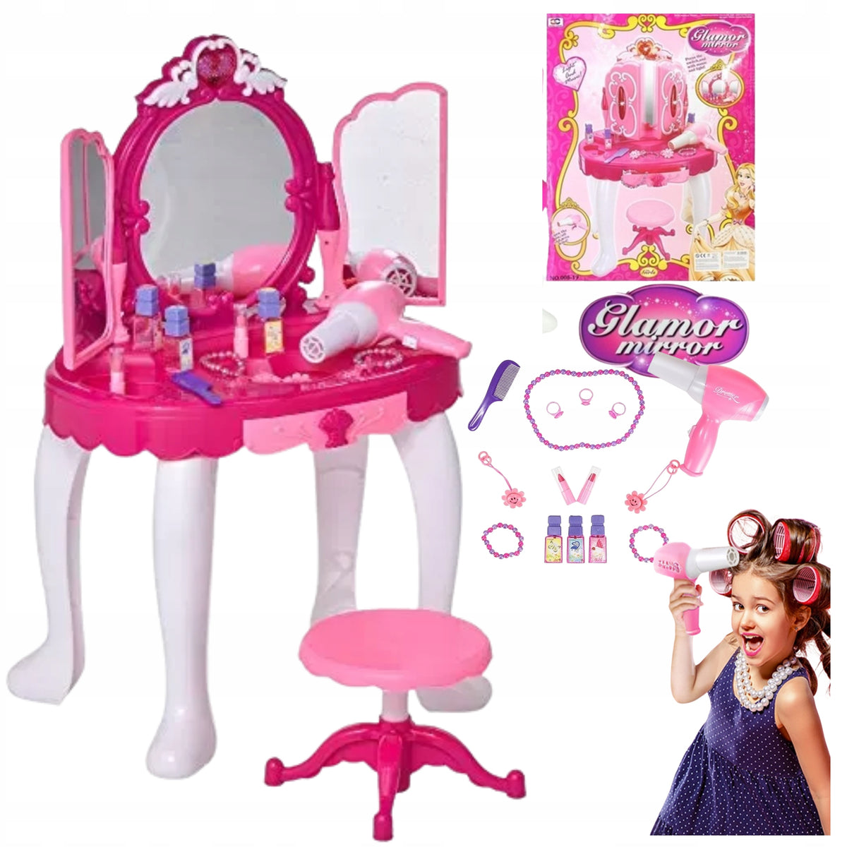 Large Set Children's Dressing Table for Children Dryer Highchair Glamor mirror