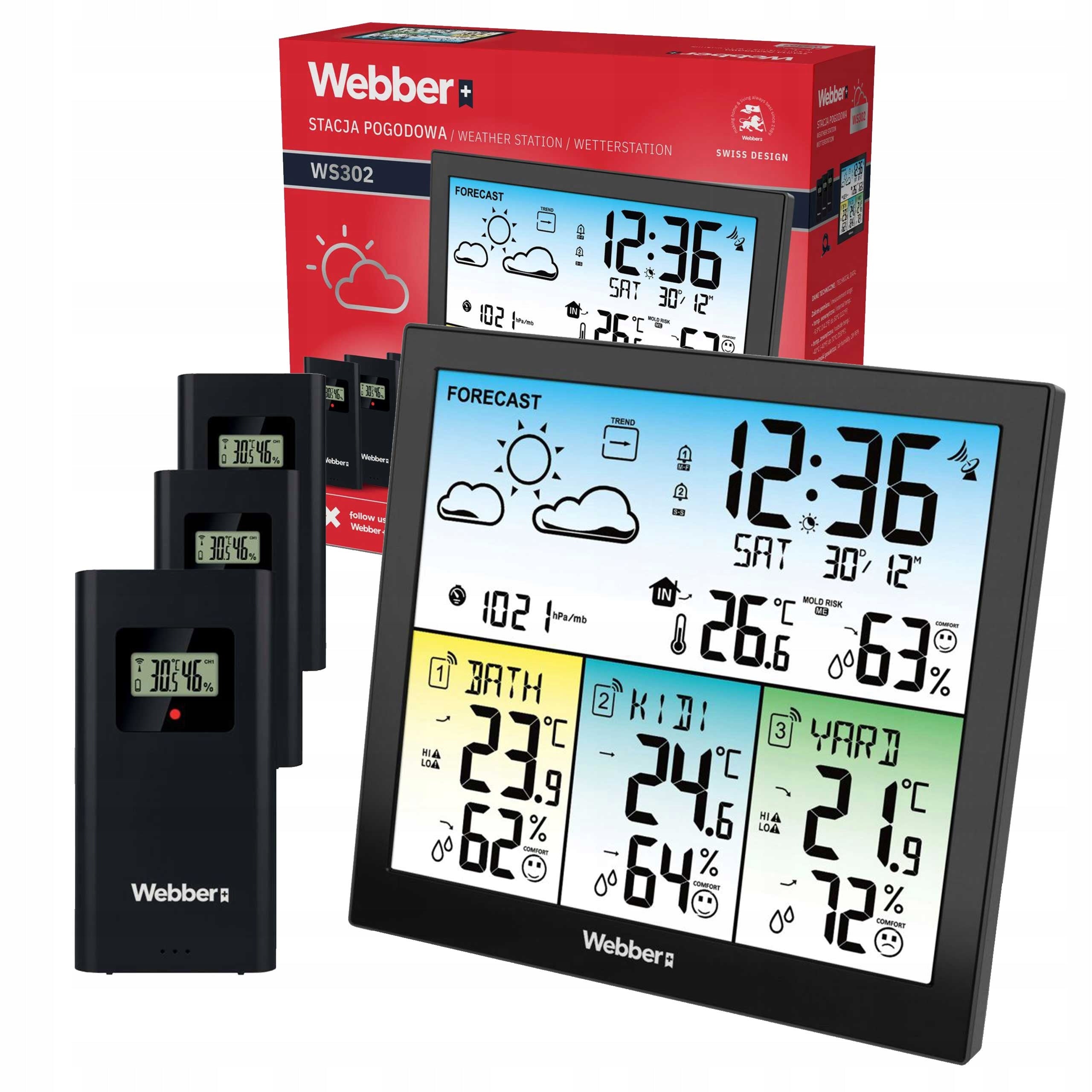 Large Weather Station Webber WS302 with 3 DCF Sensors Alarm Clock Packaging status original